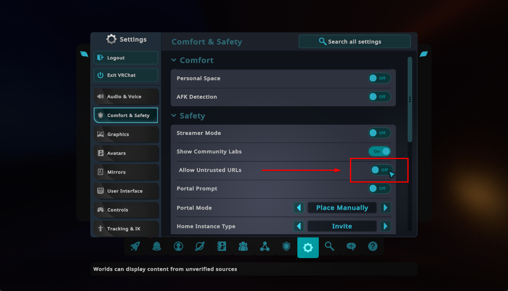 Turning on Allow Untrusted URLs in VRChat's Comfort and Safety tab