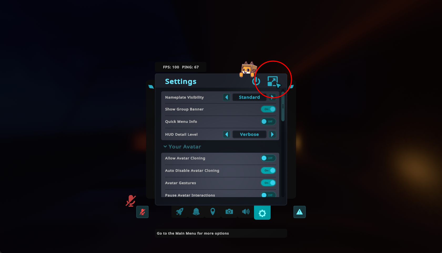 Clicking on the Expand Settings Icon in the VRChat Quick Menu